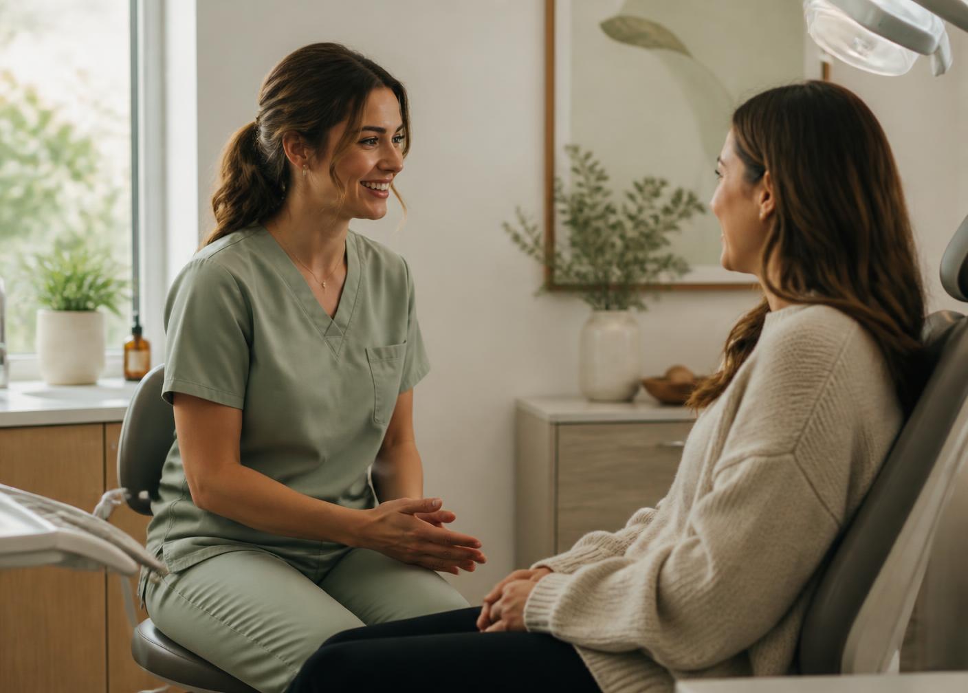 A dentist in sage scrubs sitting and talking with a patient in a bright consultation room