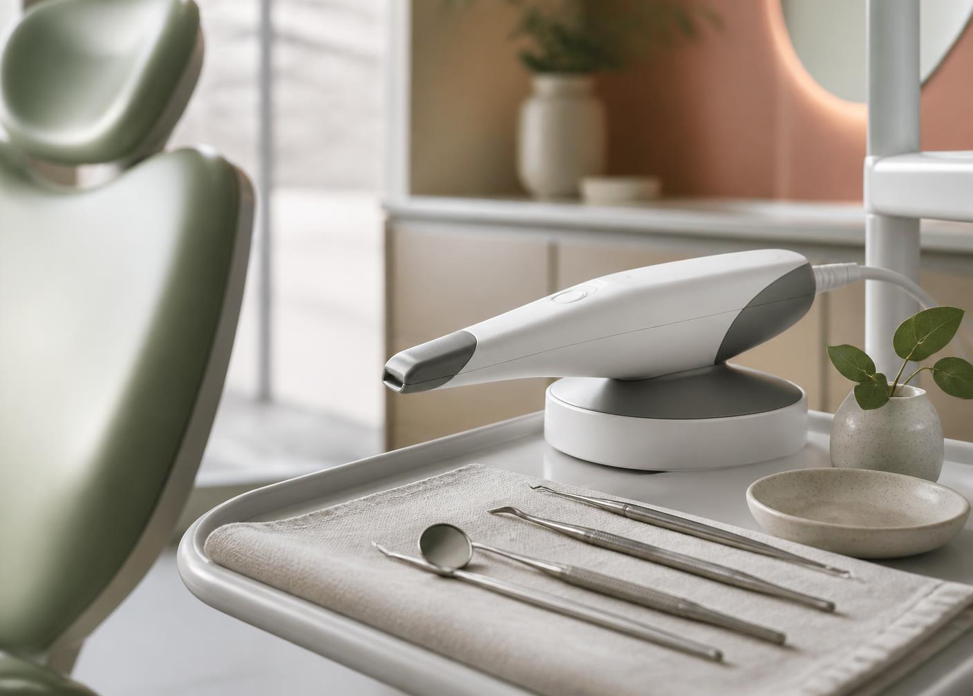 An intraoral scanner and neatly arranged dental instruments on a linen-covered tray